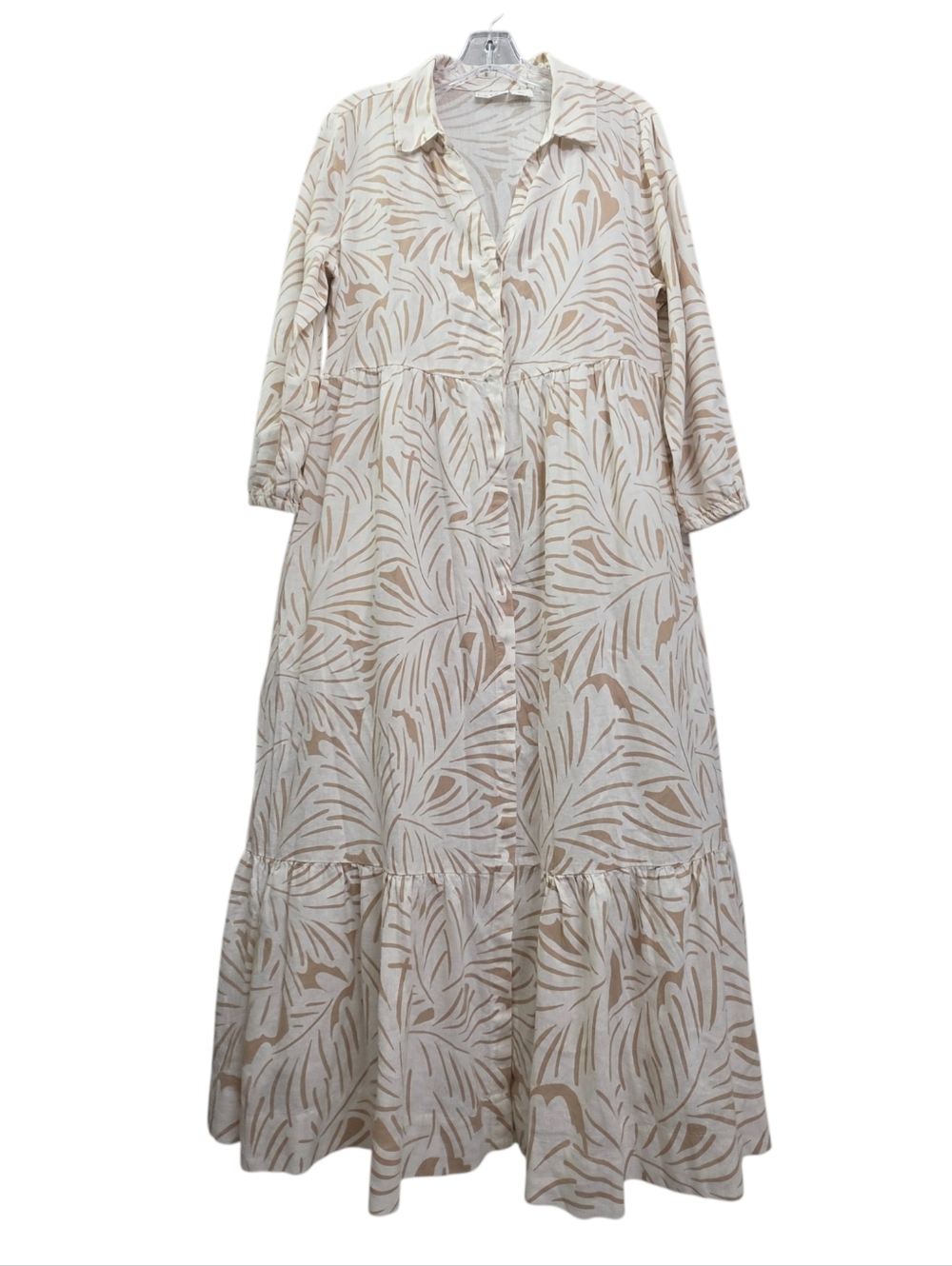 Nwot Nicole Miller Ivory Tan 3/4 Sleeve Button Down Resortwear Maxidress